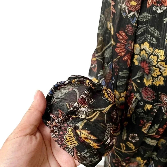 Frye & Co Floral Metallic Chiffon Boho Blouse Split Tie Neck NWT XS - Picture 6 of 13
